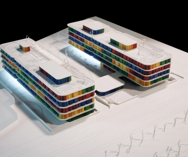 Residencia Universsitaria_maqueta Océano Naranja